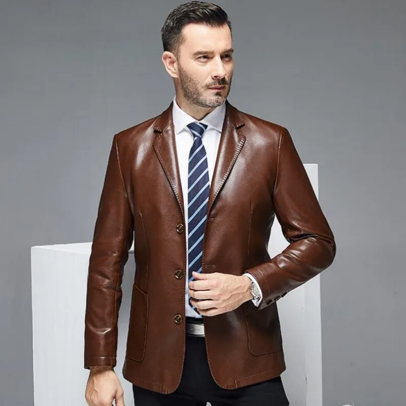 Sheep Leather Casual Suit Men's Jacket Slim Spring and Autumn Thin Section Black Brown