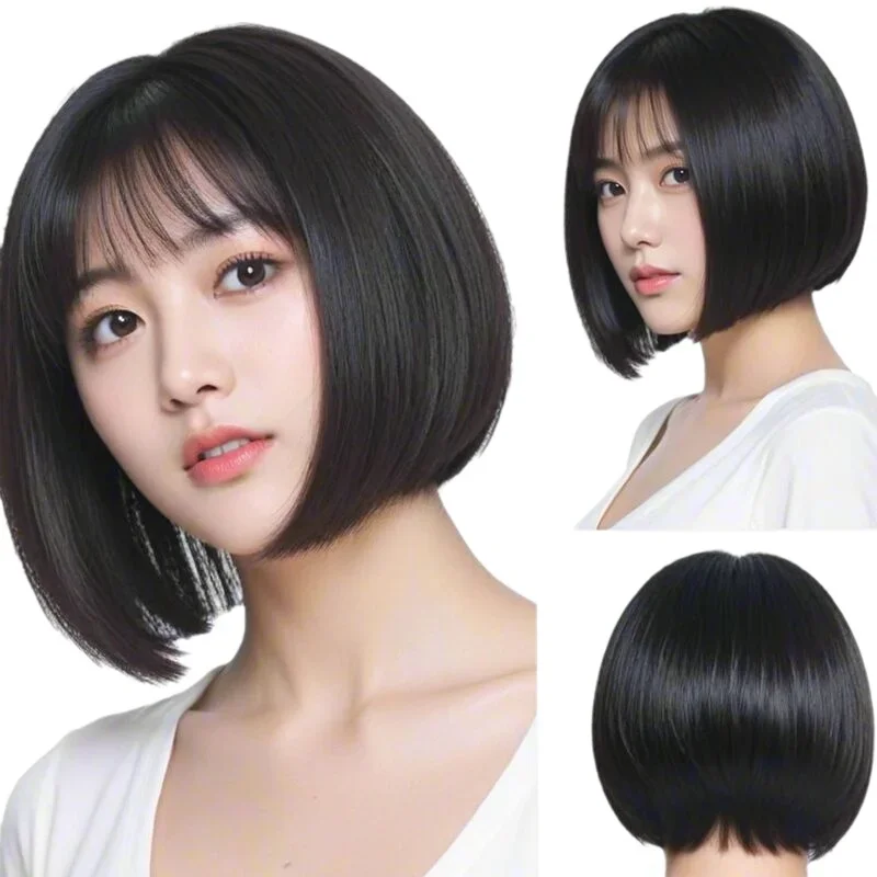 

Black Bob Wig with Bangs Synthetic Hair Short Wigs for Women Straight Hairstyle Halloween Costume Party Daily Wigs for Student