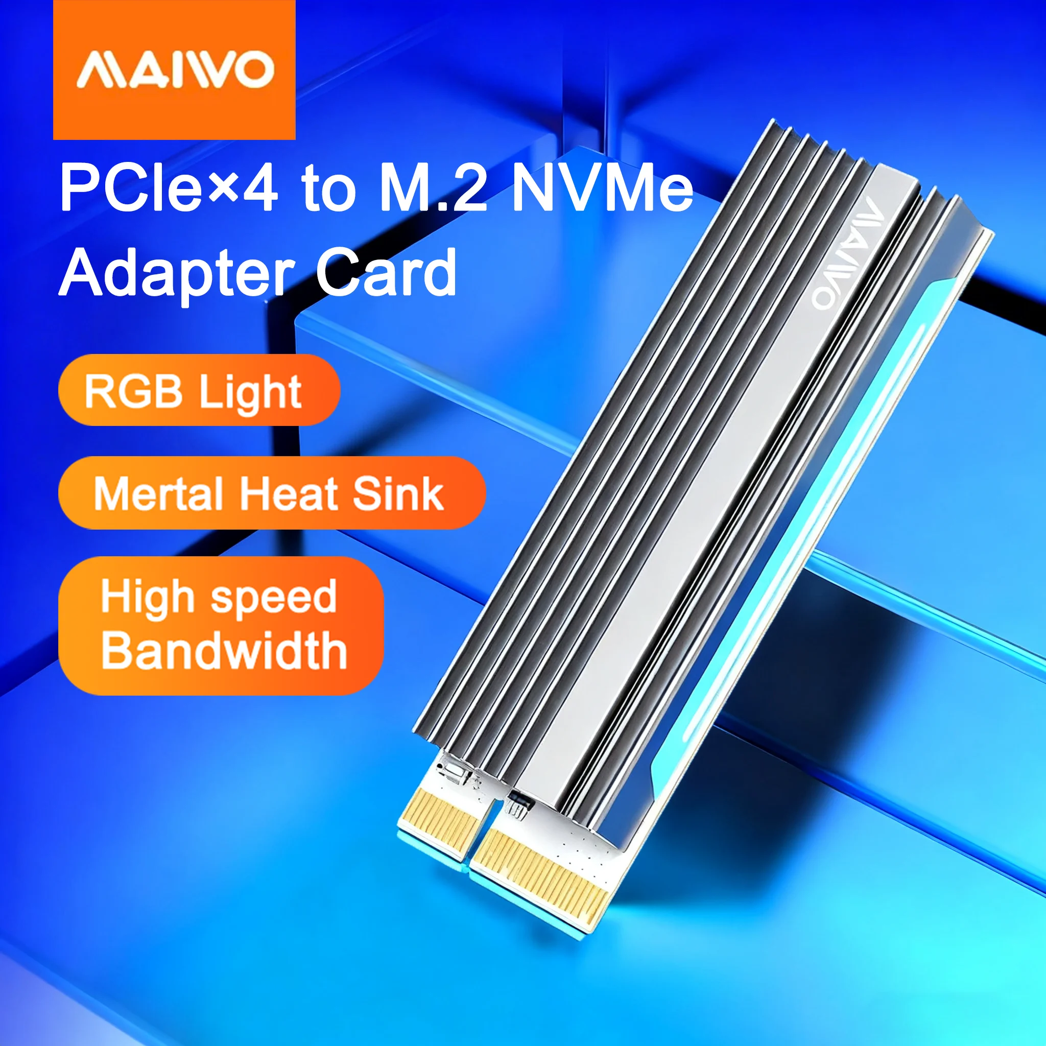 MAIWO M.2 NVMe SSD Adapter Card PCIe x4 to NVMe with Heat Sink Gaming LED Light Aluminum Shell Full Speed Expansion Card for PC