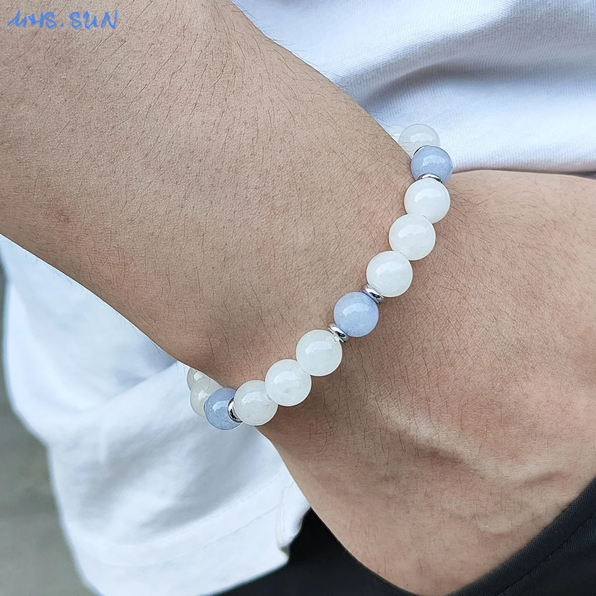 MHS.SUN Blue White Sweet Natural Stone Bracelets For Women Stainless Steel Elastic Rope 8MM Bracelet Romantic Men Jewelry