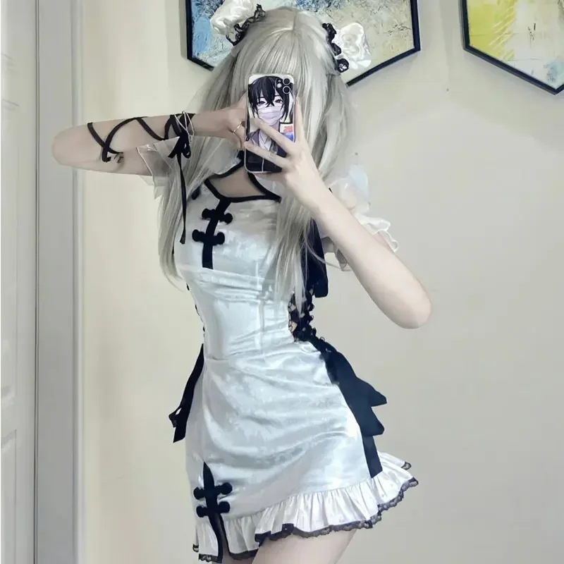 

Japanese Lolita-Style Sexy Pure Desire White Fitted Cheongsam Uniform Cosplay Maid Costume for Nightclub Stage Performances