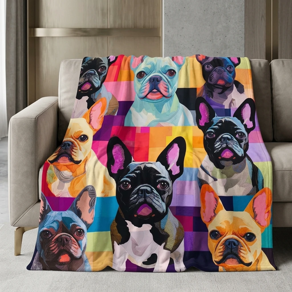 1PC Colorful Geometric French Bulldog Pattern Thickened Flannel Blanket, Cozy Fleece Throw, Perfect Gift