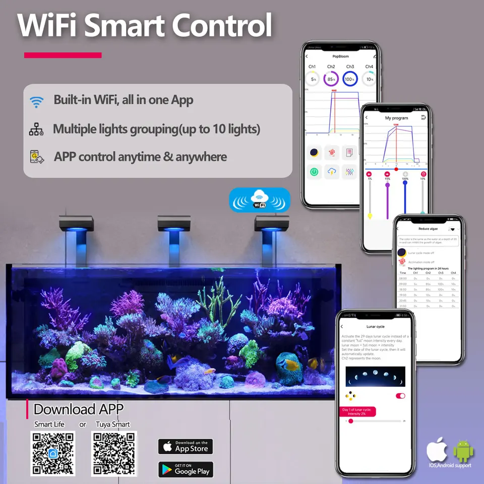PopBloom RL90 WiFi Reef Aquarium Light 100W, Professional Marine