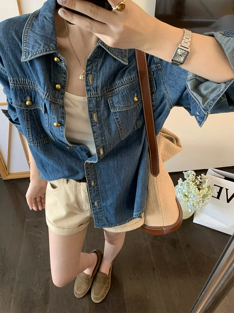 

MUKOK Vintage Blue Denim Cotton irt Women's Outerwear Spring 2026 Breathable Long Sve Button up Casual Comfort Fit