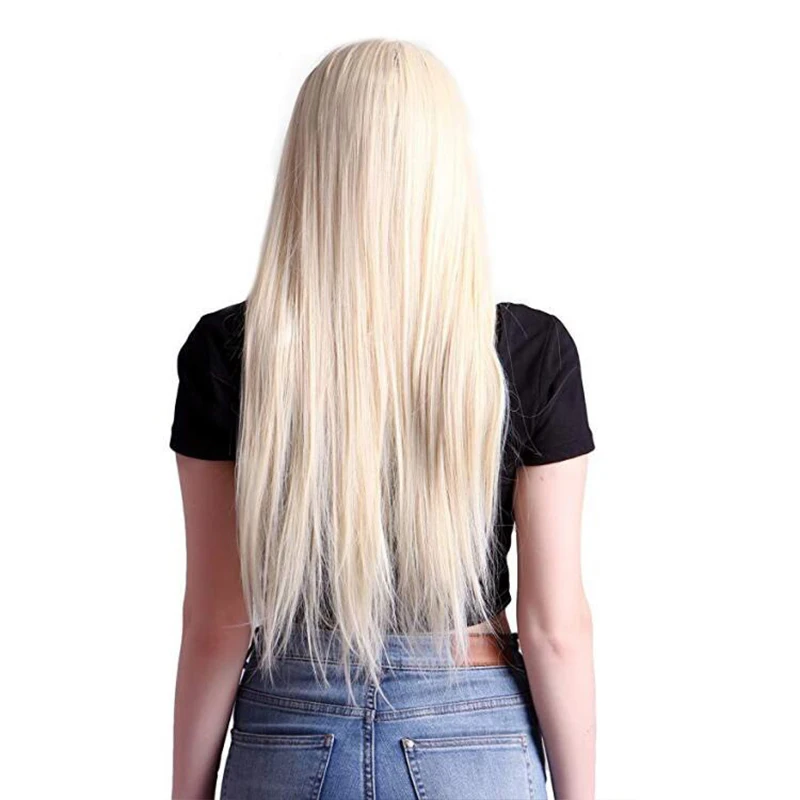 Women\'s medium long bangs long straight blonde hair