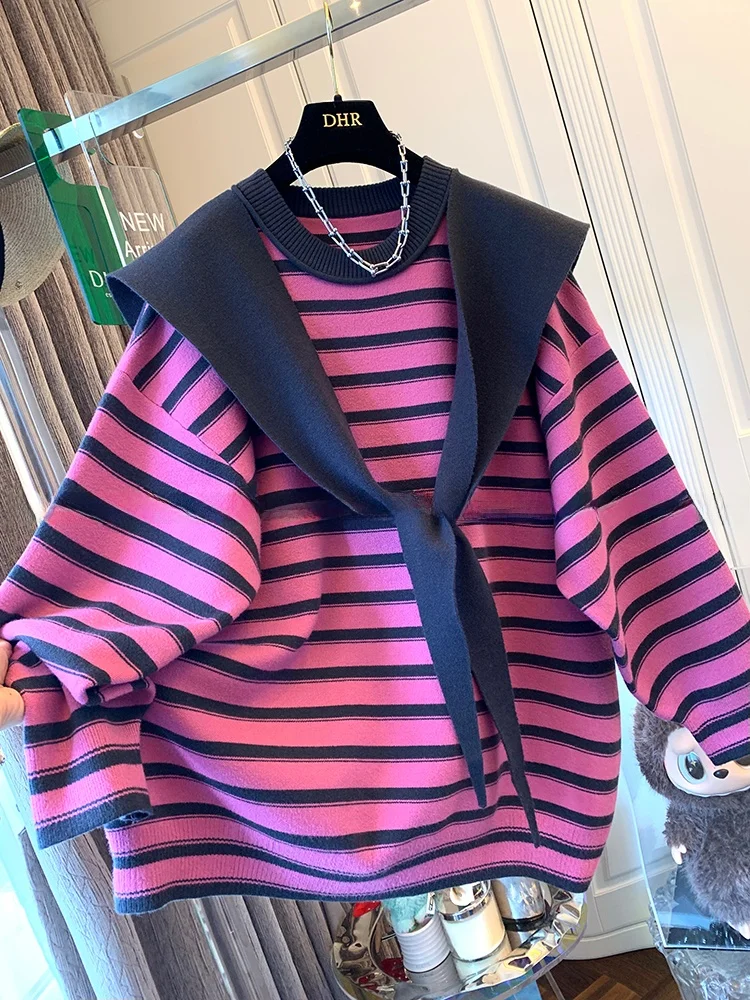

Large Size 300 Pounds Age-Defying Shawl Pink Striped Knitwear Women's Autumn Winter Loose Two-Piece Set Sweater Fashionable C...