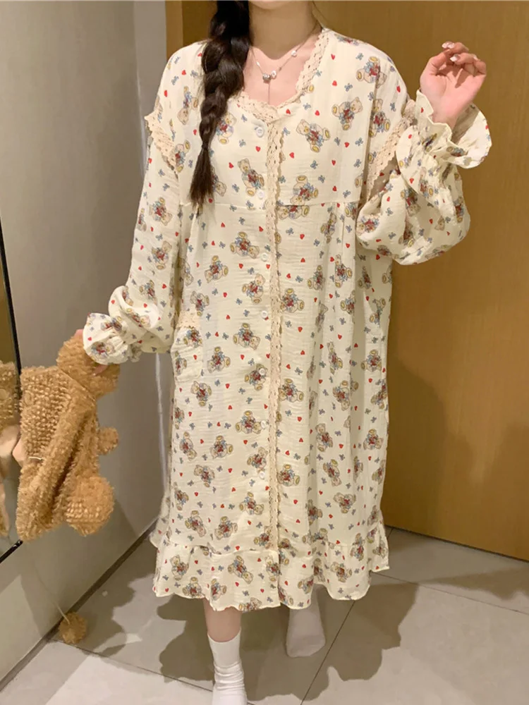 Bear Cartoon Cute Soft Cotton Winter Autumn Home Long Sleeve Pajama Set Women Elegant Casual Sweet NightDress Pattern Kawaii Ins