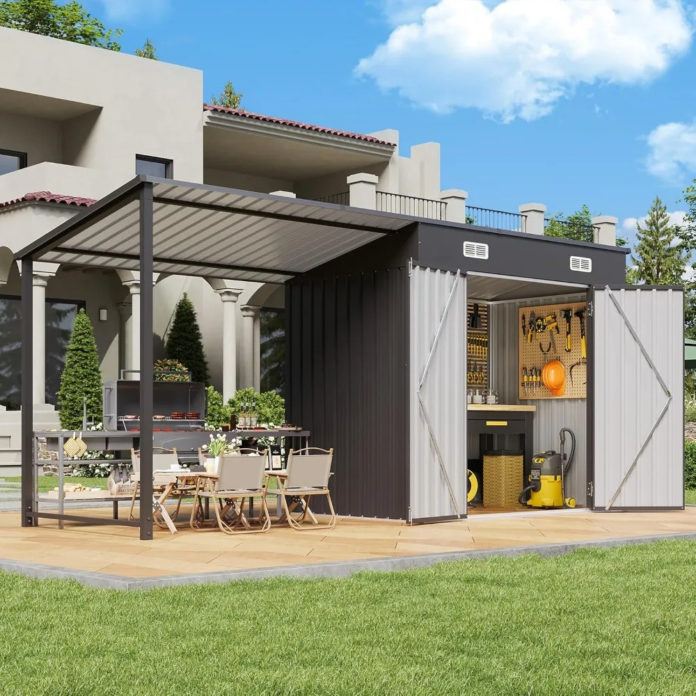 مجموعة سقيفة تخزين خارجية بطول 6 × 4 أقدام وأشعة شرفة صلبة، سقيفة معدنية مقاس 12 × 4 أقدام مع عريشة مفتوحة الجوانب، حديقة متينة 2 في 1 #1