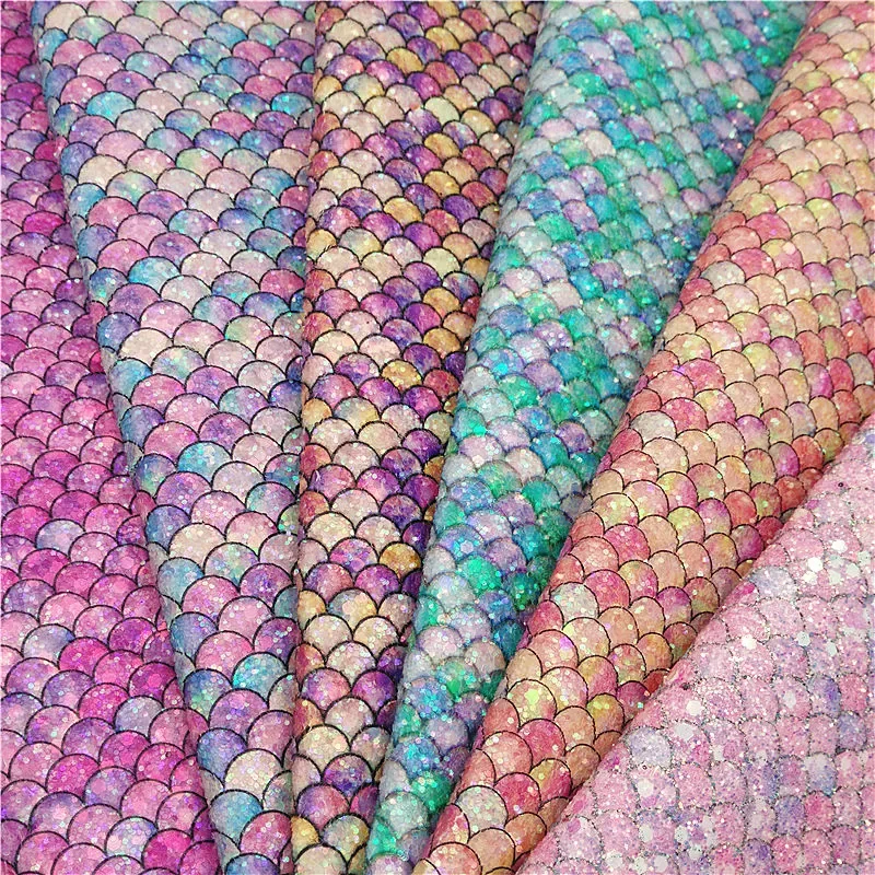 Fish Scales Mermaid Custom Chunky Glitter Leather Sheets Felt Backing Glitter Leather Fabric DIY Craft Sheets Mini Rolls W351