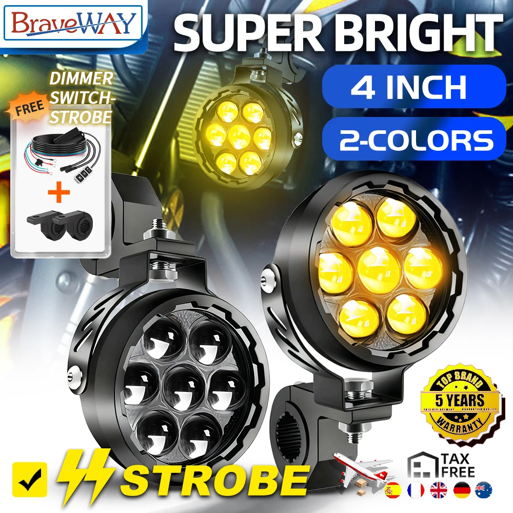 Feux antibrouillard LED pour moto Braveway 4 pouces avec câblage à intensité variable, feux auxiliaires clignotants étanches ambre et blanc