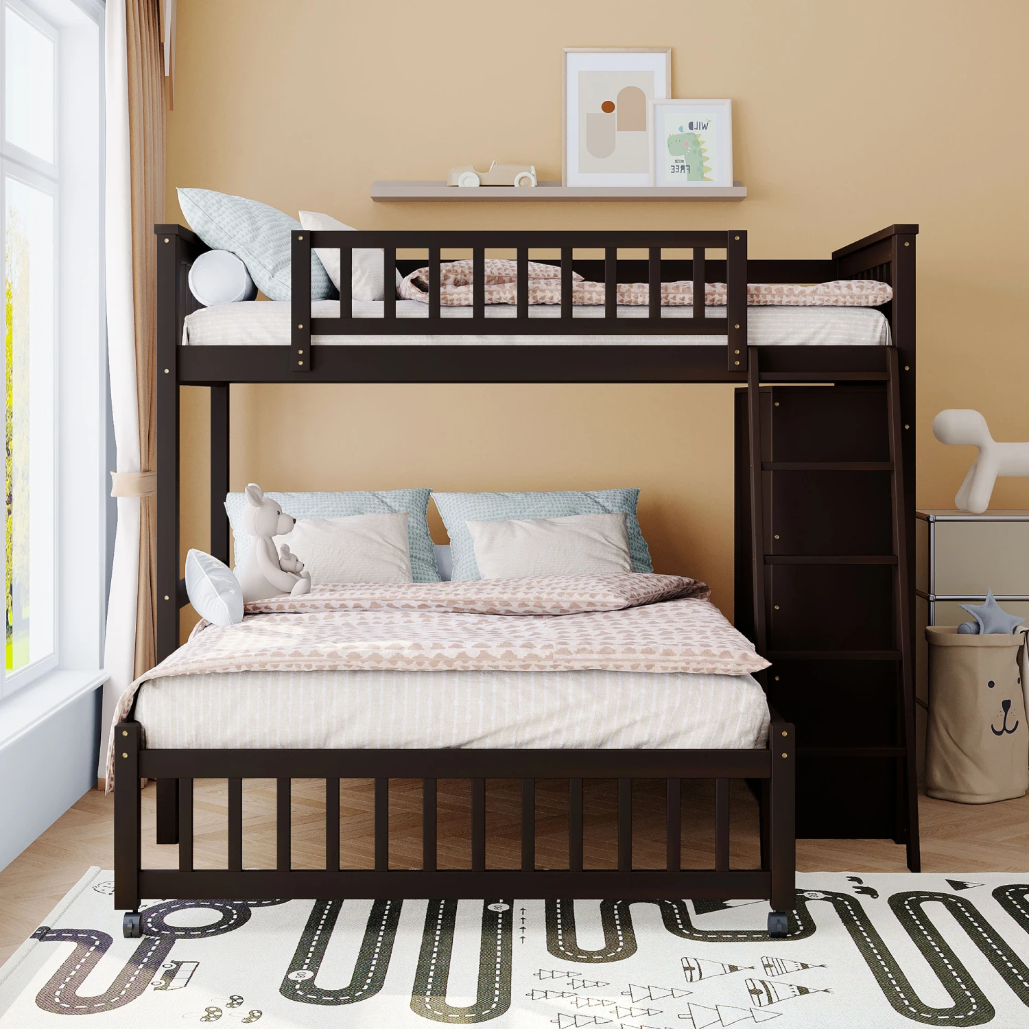 Wooden Twin Over Full Bunk Bed With Six Drawers And Flexible Shelves,Bottom Bed With Wheels,Espresso(OLD SKU LP000531AAP)