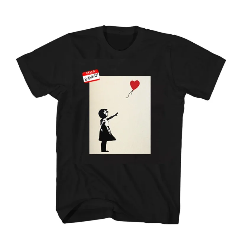 Summer Banksy Banksy Girl with Balloon Short Sleeve Cotton Black and White T-Shirt Men's and Women's Art Graffiti Short T