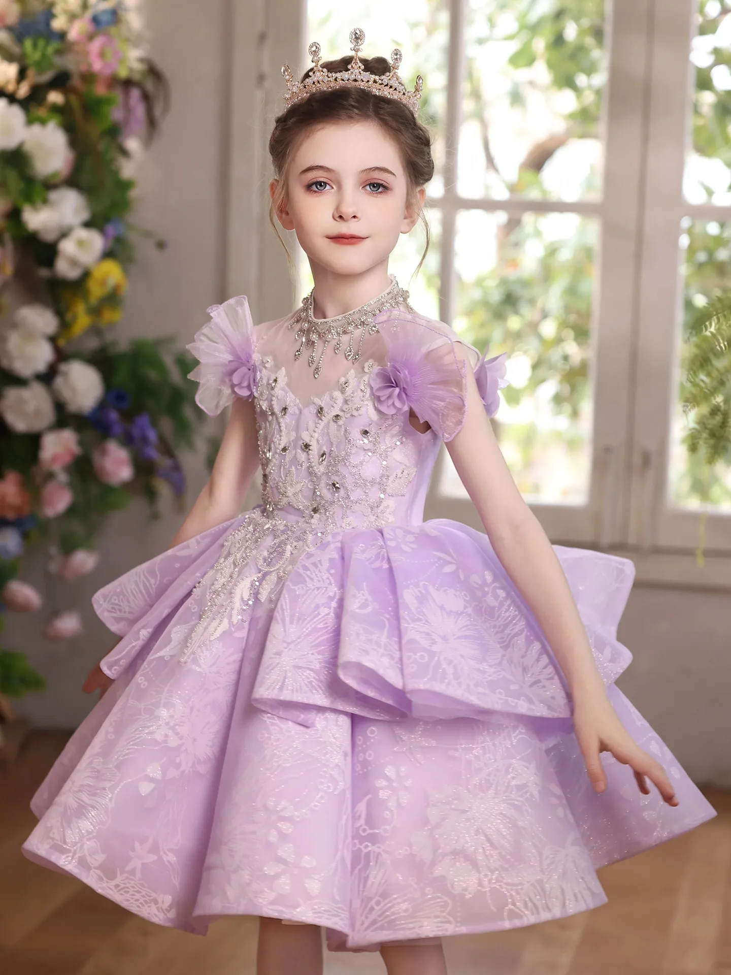 Custom Luxury Dress Flower Girl Wedding Gown Pageant Lavender Ruffle Rhinestone Print Tulle Kid Luxe Bday Guest Formal Gowxzs