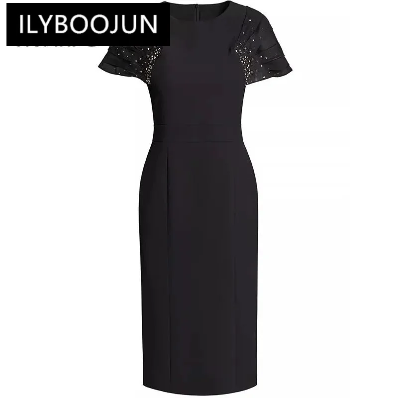 

ILYBOOJUN 2024 Summer High Quality Women Dress Vintage Temperament Solid Color Nail Bead Buttock Covering Side Split Dresses