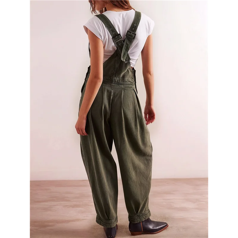 ABP-mono mameluco ajustable de mezclilla sin mangas lateral informal suelto para mujer con bolsillos