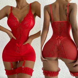 New Lace Mesh Ultra Short Skirt See-through Erotic Nightwear Sexy Halter Dress Porn Temptation Leg Ring Comfortable Sex Clothes