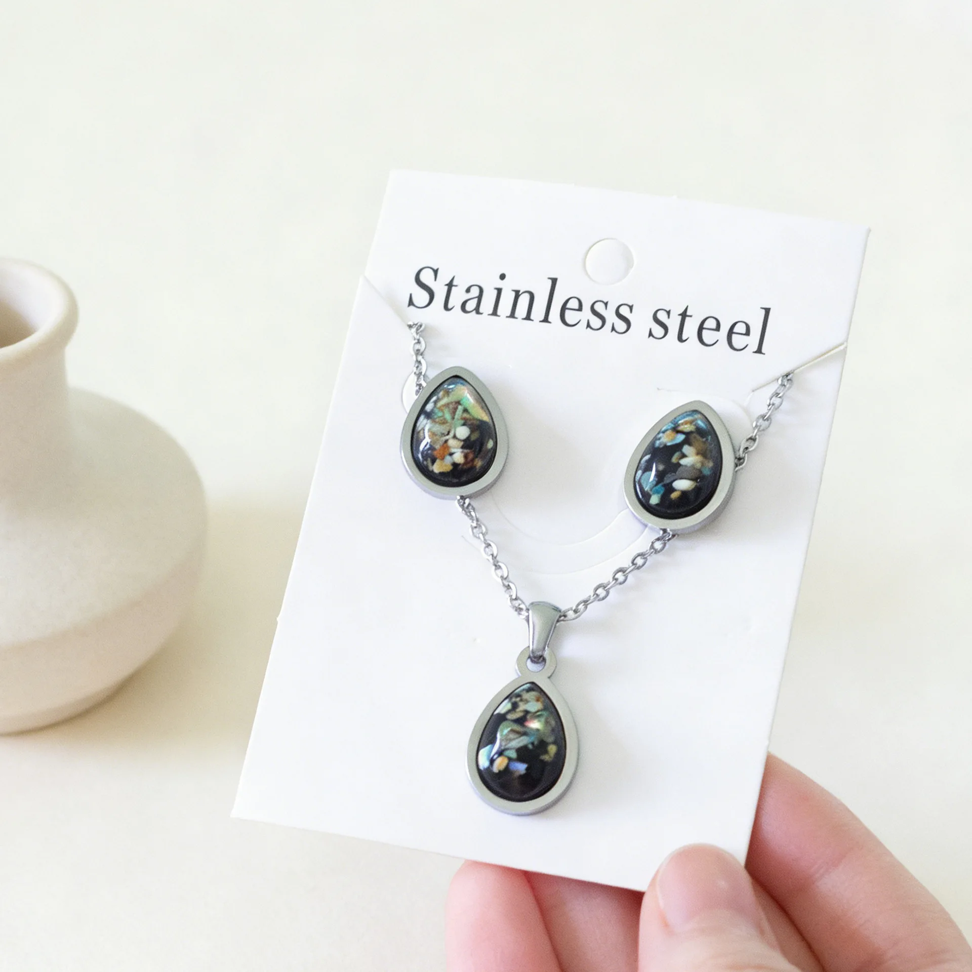 Oval Black Stone Necklace & Stud Earrings Set Stainless Steel Minimalist Teardrop Pendant Jewelry Elegant Stylish Accessory view 6