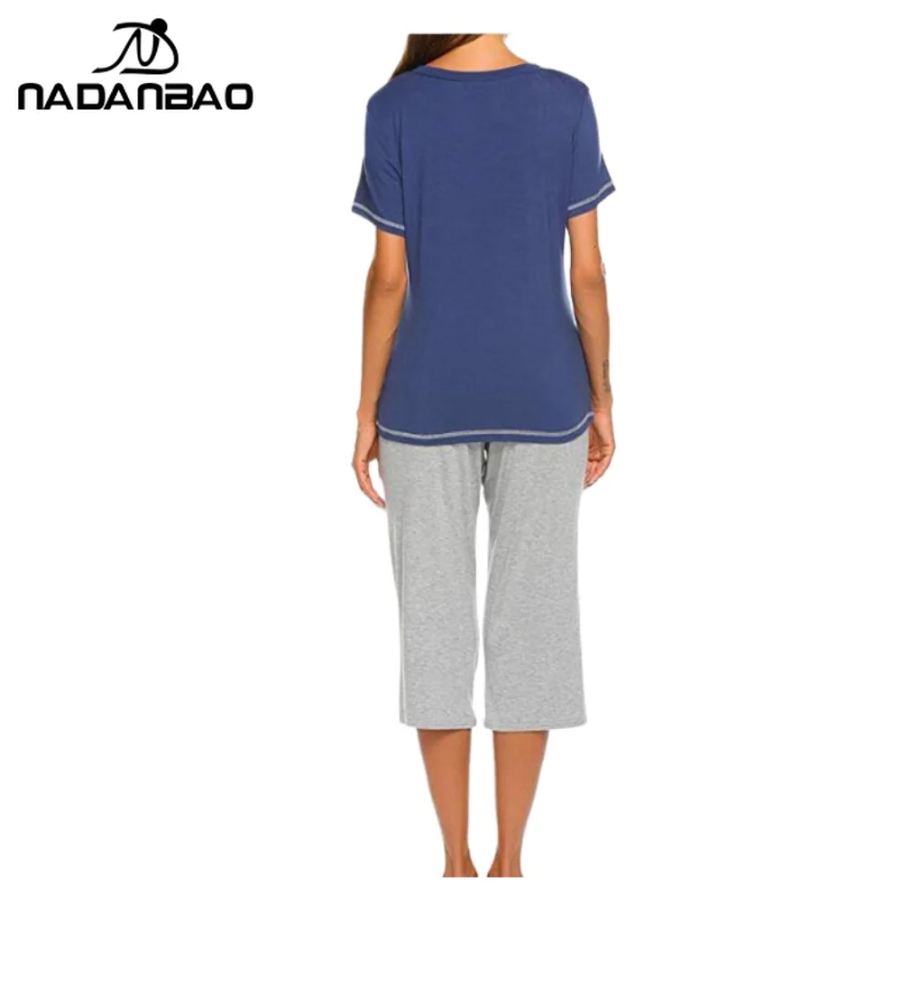 Nadanbao Set Piyama Dua Potong Musim Panas Kaus Kerah V Lengan Pendek Wanita Celana Kasual Pakaian Tidur Kasual Pakaian Pesta Piyama