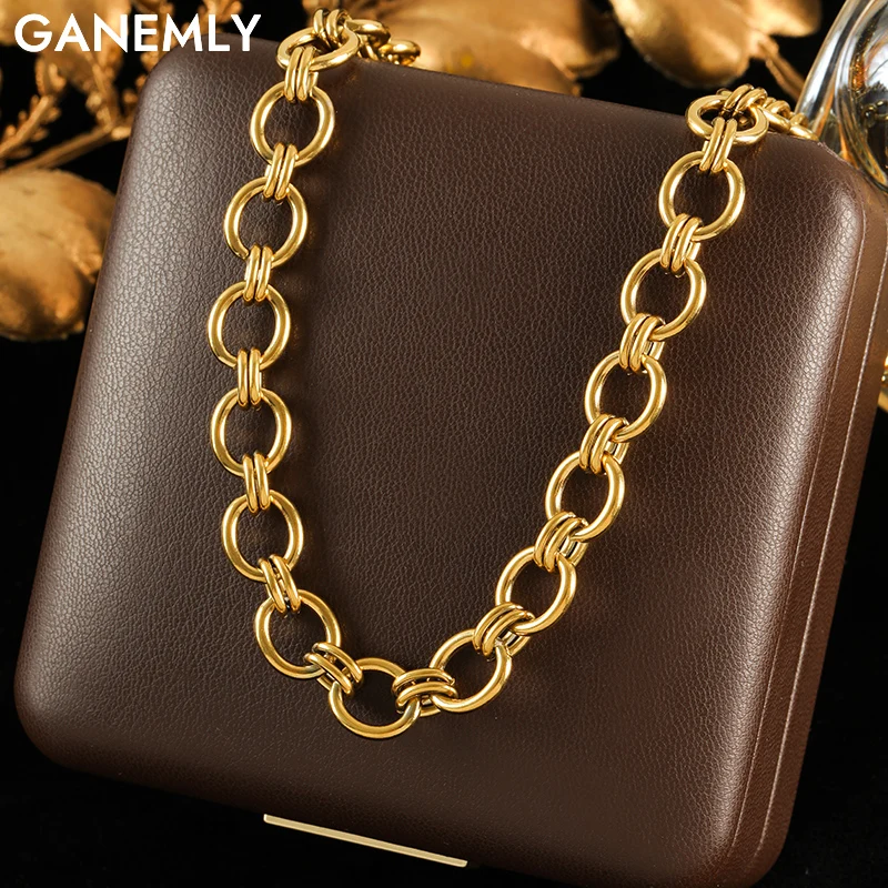 

GANEMLY 316L Stainless Steel Metal Gold Color Round Chains Necklace For Women Chic Romantic Waterproof Neck Chain Jewelry Gift
