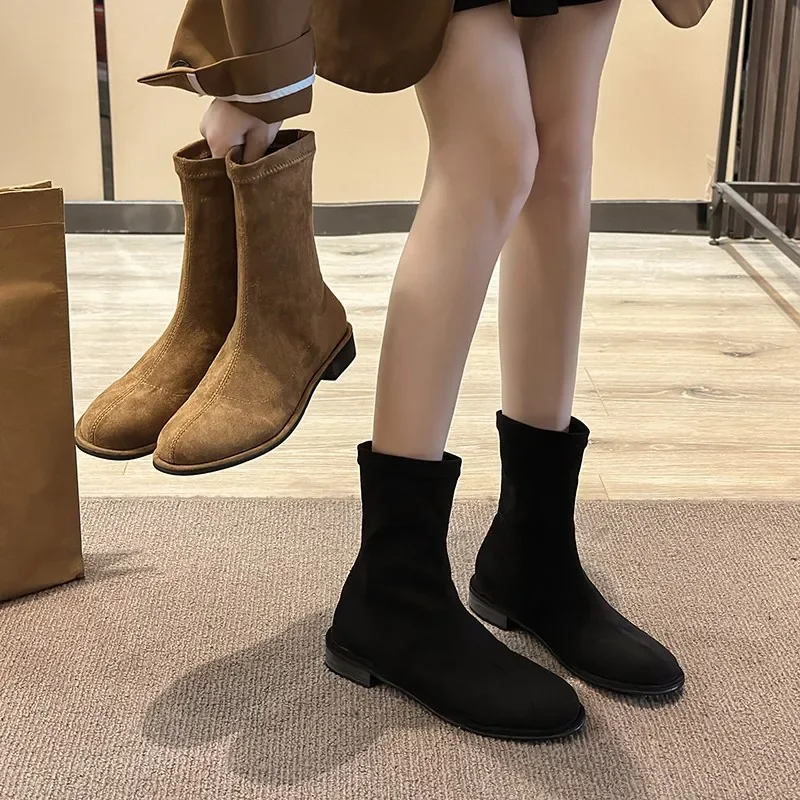 Botas de calcetín elásticas Vintage para mujer, zapatos elegantes con cremallera, planos, modernos, Otoño e Invierno