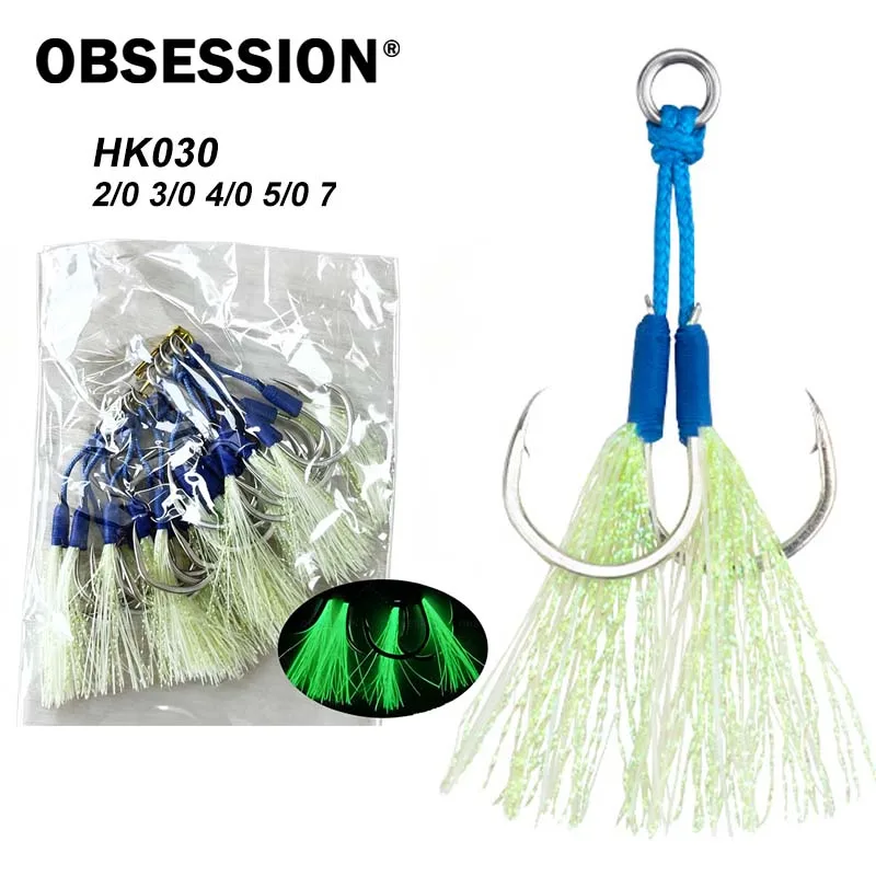 

OBSESSION HK030 Slow Jigging Twin Assist Hooks 2/0-7/0 Glow UV Flash Tinsel Sharp Carbon Steel PE Line Saltwater Fishing Hooks