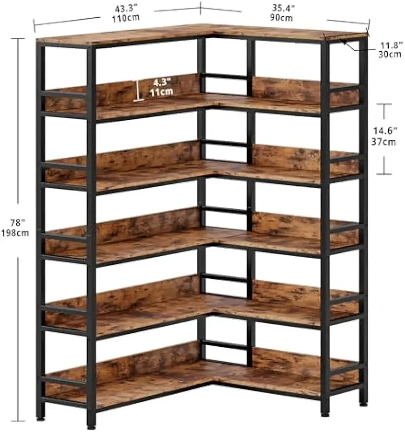 Bookshelves 6 Tiers Corner Bookcases with Baffles Etagere Shelf Storage Rack with Metal Frame for Living Room Home Office