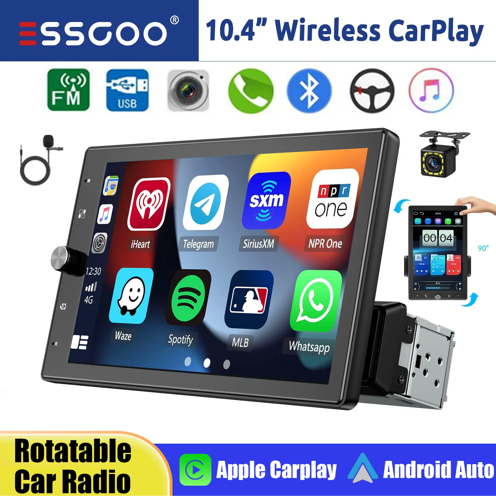 ESSGOO Autoradio Universale 10.4 Pollici Schermo IPS Touch Rotante CarPlay Senza Fili Android Auto Radio Auto Singolo 1 DIN USB FM Bluetooth AUX TF Mirror Link