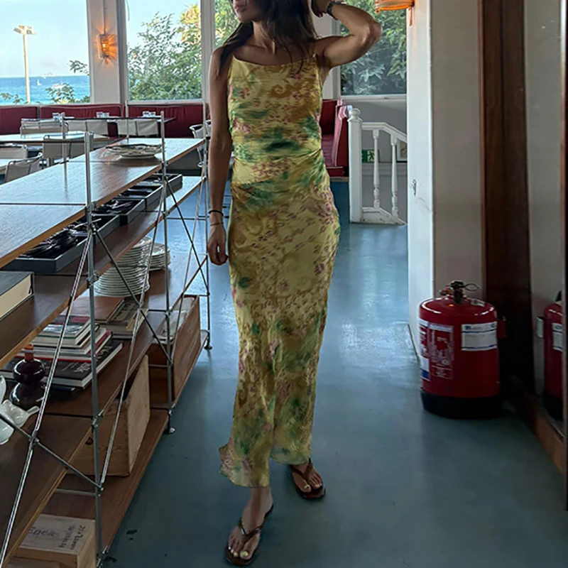 Summer Thin Sleeveless Print Slim Fit Long Dress Fashion Pattern Print Suspender Beach Dress Sexy Backless Women's Party Dresses