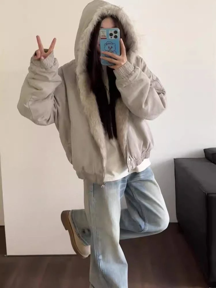 Kurtka damska Y2K w stylu American Vintage z długim rękawem, krótkim kapturem, kołnierzem ze sztucznego futra, casualowa, jednolita, zapinana na zamek, streetwear, jesień 2025