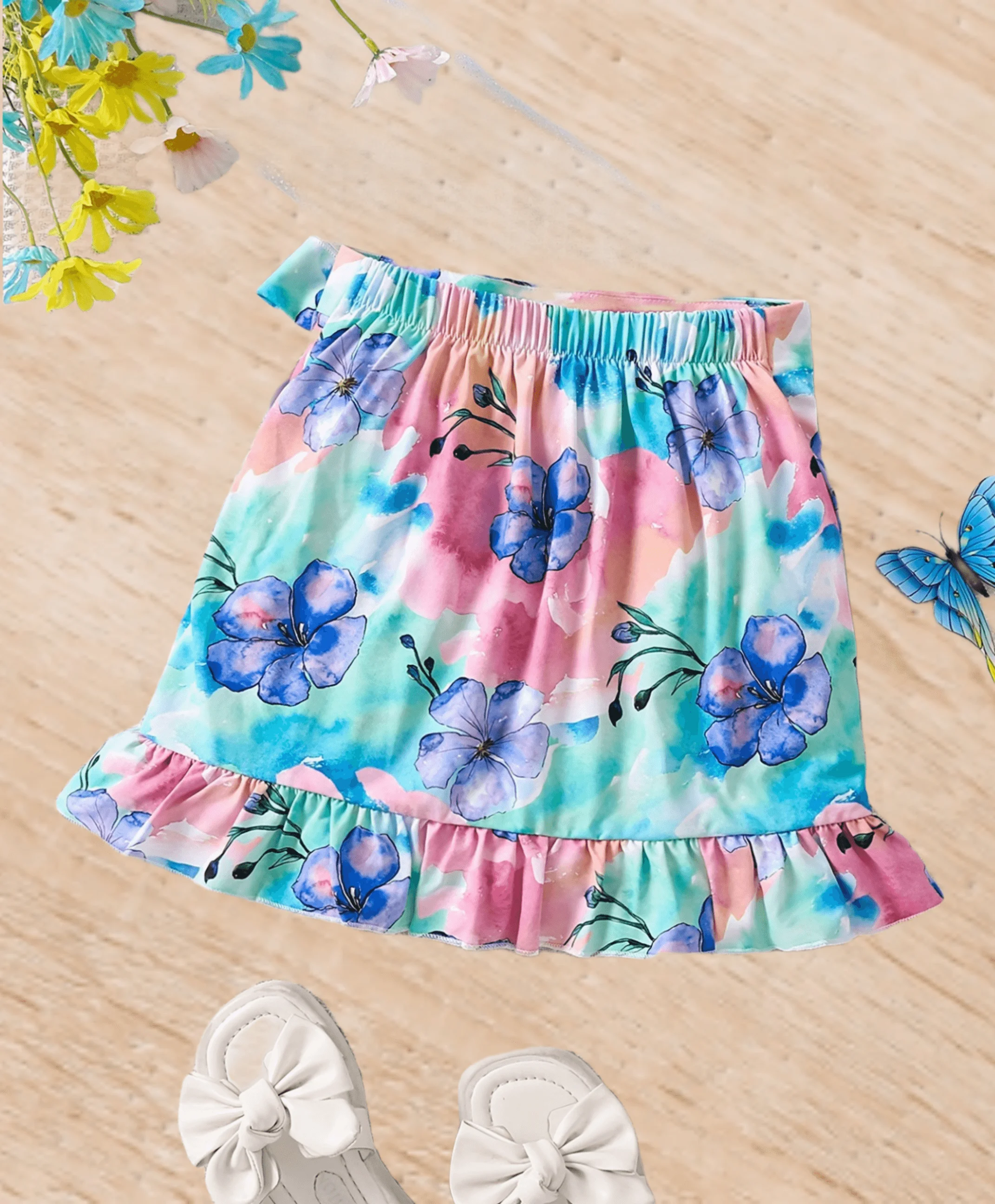 Romantic little Fresh ruffled mitre pleat blue flower multicoloured halo bow waist slimming sheath skirt summer girl