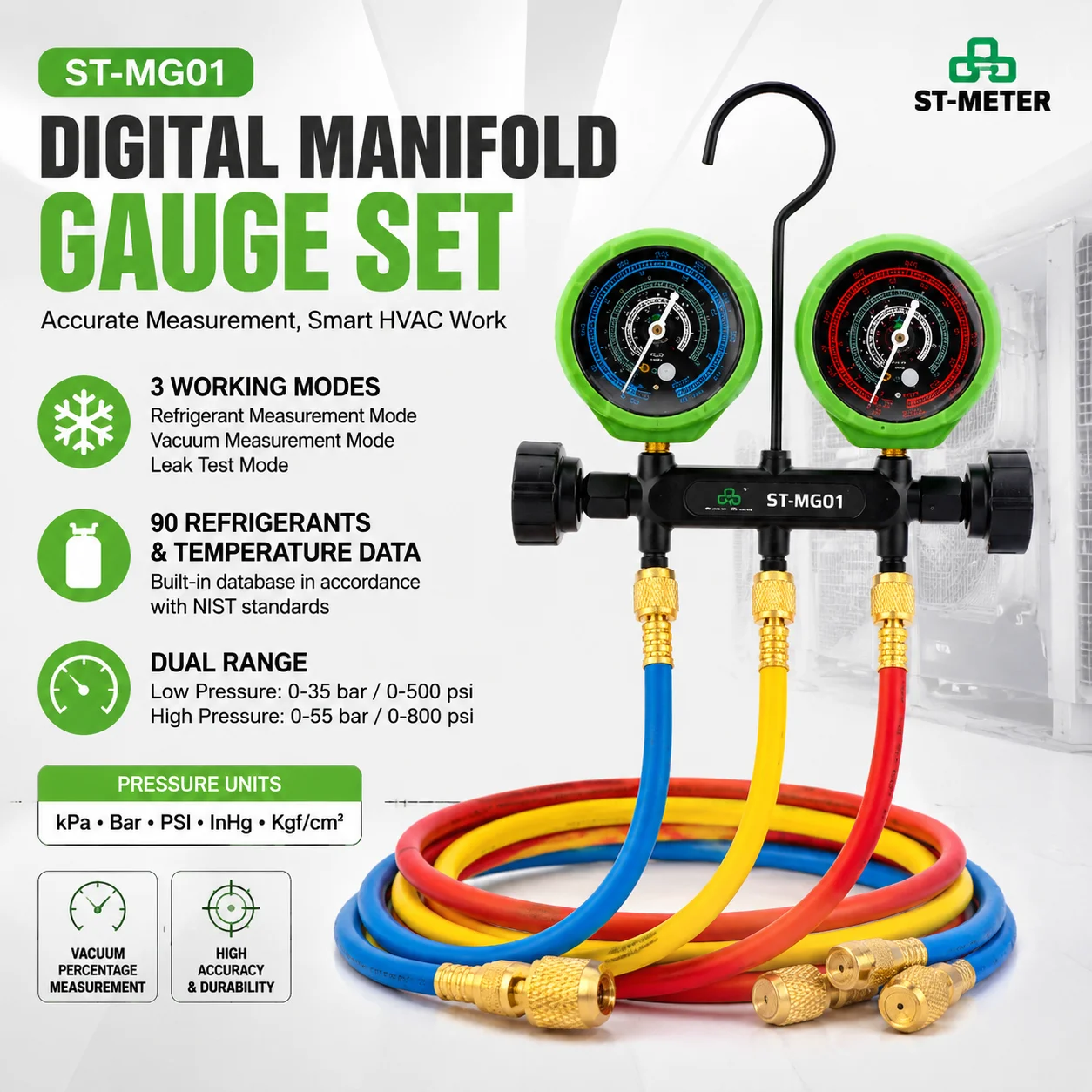 ST-MG01/02 Refrigerant Manifold Gauge Set Dual High Low Pressure 0-800PSI with Charging Hoses for HVAC AC Freon Charging Repair