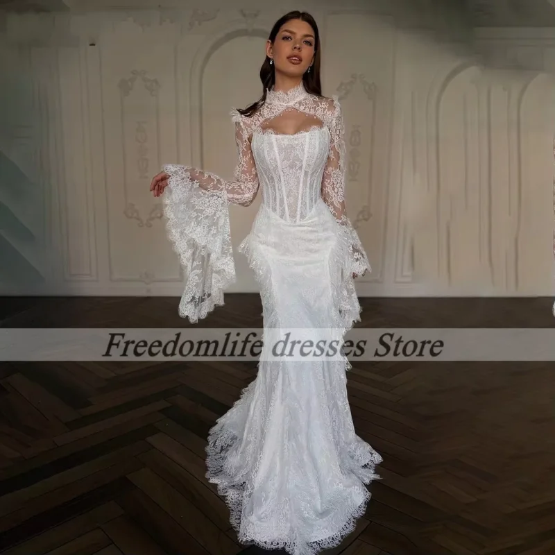 African Girls Wedding Dress Sequined Lace Applique Mermaid Long Sleeves Bridal Gowns Aso Ebi vestidos de novia Customized