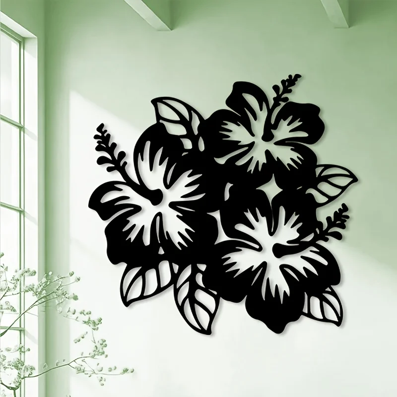 Retro Hibiscus Metal Wall Art Iron 2D Flat Floral Sculpture Living Room Office Hanging Mural Christmas Tropical Decor Gift