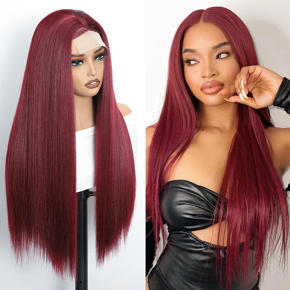 28인치 긴 스트레이트 블랙 가발 (흑인 여성용) 통기성 레이스 헤어라인 합성 스트레이트 가발 (일상용 또는 할로윈용)