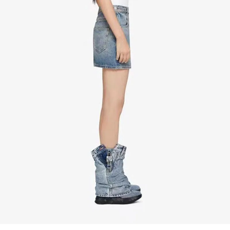 Arden Furtado 2024 Autumn Denim Platform Middle boots Round toe Wedges Turned-over Edge Metal buckle Modern boots Large size
