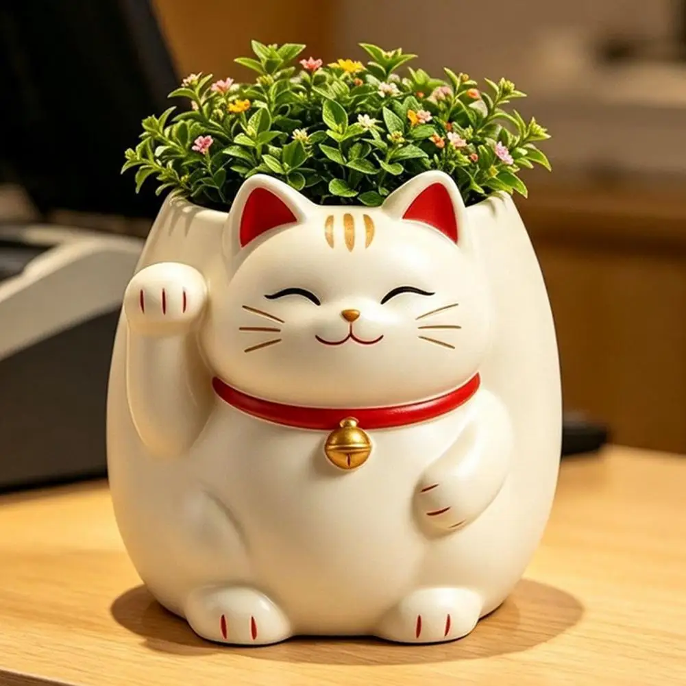 Stable Resin Planter for Windowsill Cute Fortune Cat Planter for Succulents Resin Beckoning Kitty Flower Pot for Succulents