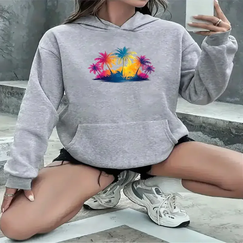 Womens Tropical Print Hoodie Cozy Soft Pullover Loose Fit Casual Wear Palm Tree Floral Design Perfect For Autumn Winter Outdoor
