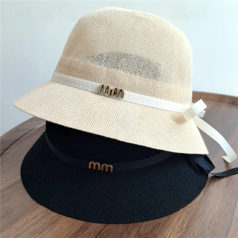 Korean  of Simple Ribbon Bow Knitted Fisherman Hat Women Thin Sun Hat in Spring and Summer Sun Basin Hat