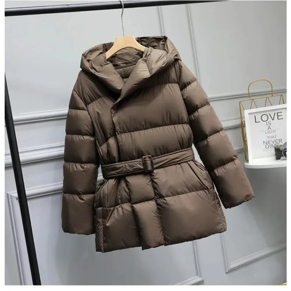 2024 Winter Women\'s Down Jackets Ultra Light Warm Casual Coat Female Puffer Jacket With a Belt Plus Size Hooded Parka Overcoat