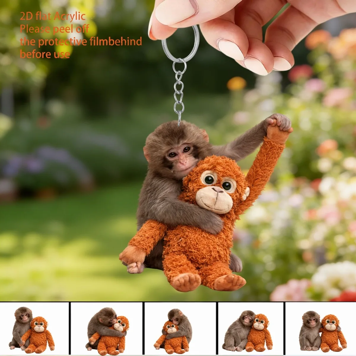 

Cute Hugging Monkey Keyring 2D Flat Acrylic Cut-Out Pendant, Car Wing Mirror Charm for Animal Lovers & Friends