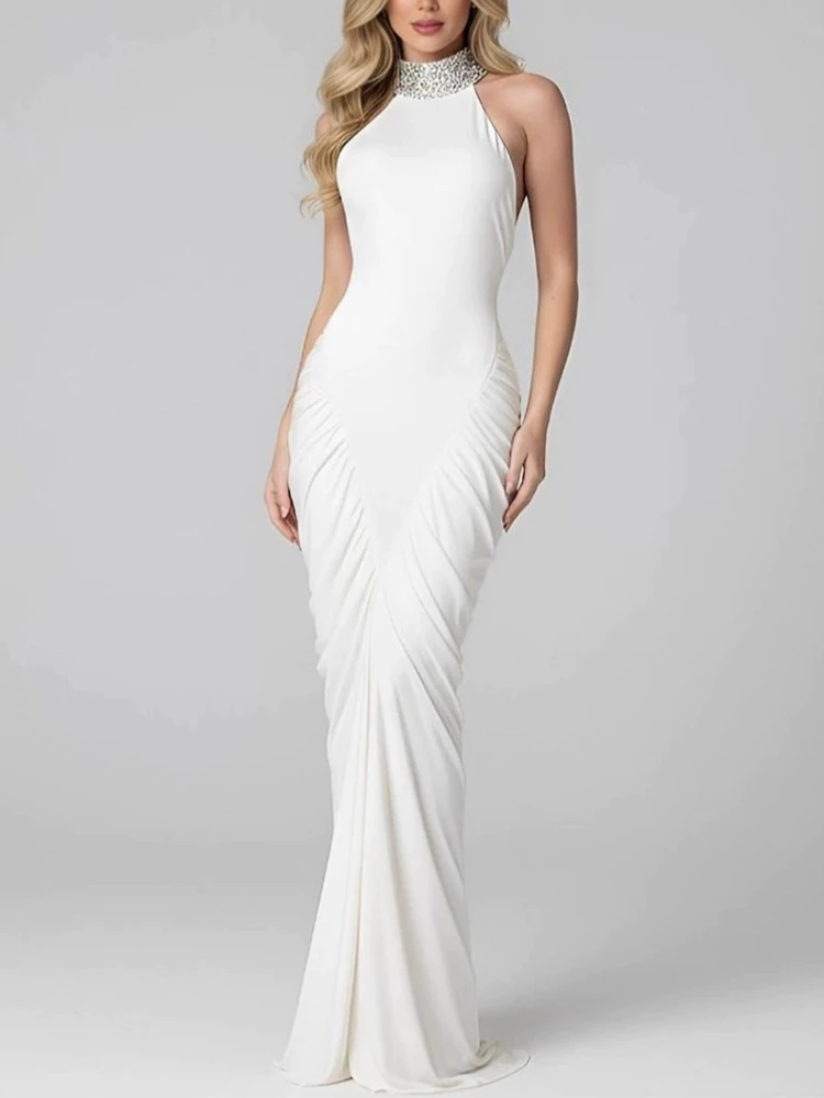 Robe de célébrité sociale, coupe cintrée, haut de gamme, col plissé, dos nu, nouvelle collection printemps et été