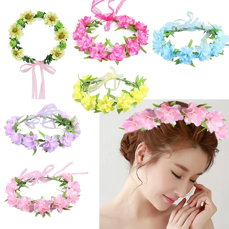 Kids Bohemian Flower Wreath Adjustable Ribbon Floral Crown Girls Beach Wedding Photography Hair Headband Headpiece Props