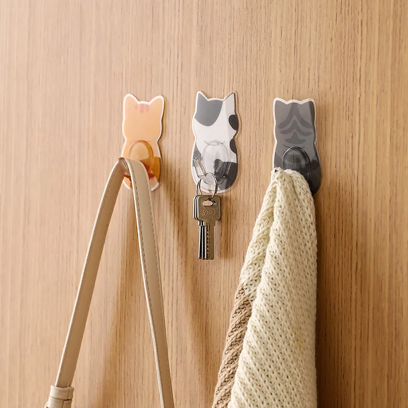 4pcs Self Adhesive Cartoon Cat Hooks Storage Holder for Bathroom Kitchen Hanger Stick on Wall Hanging Door Clothes Towel Racks