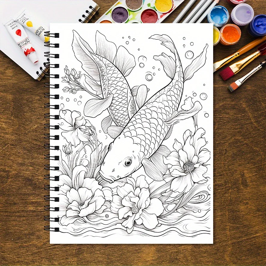 Koi Fish Adult Coloring Book - 8.3x11.2 inches 32 pages - Helps with relaxation and emotional well-being for teens and adults