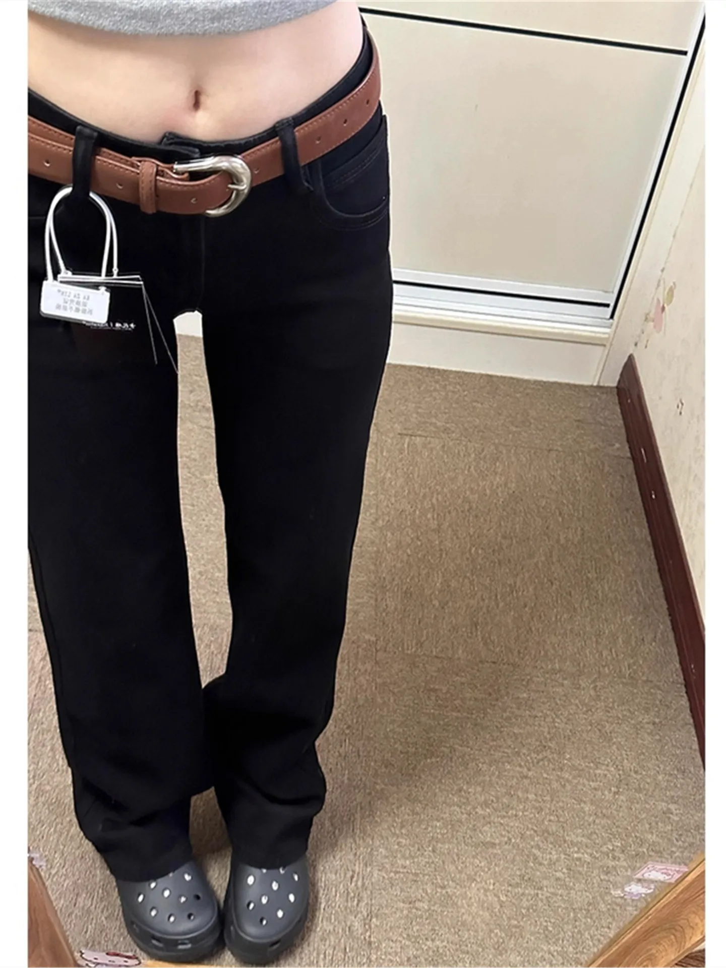 

Retro American Low Waist Bell Bottom Jeans Women's Autumn Winter Loose Fit High Waist Extended Length Non-Matching Leggings