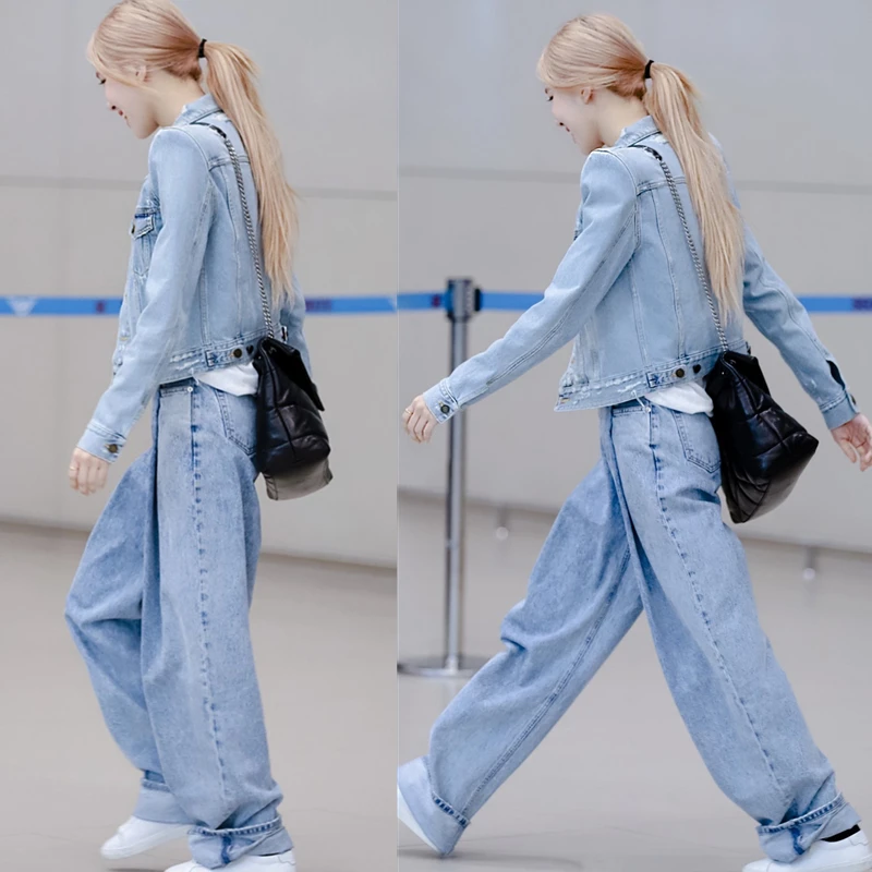 Kpop Girl Group ROSE Casual High Waist Women Baggy Jeans 2023 Fashion Straight Wide Leg Pants Vintage Loose Blue Denim Trousers