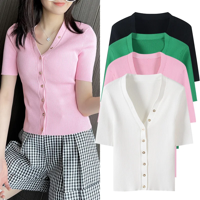 

Knitwear Sweater Women V-neck Short Sleeve Single Breasted Slim Stretch Short Knitwear Cardigan Top Female Spring and Summer