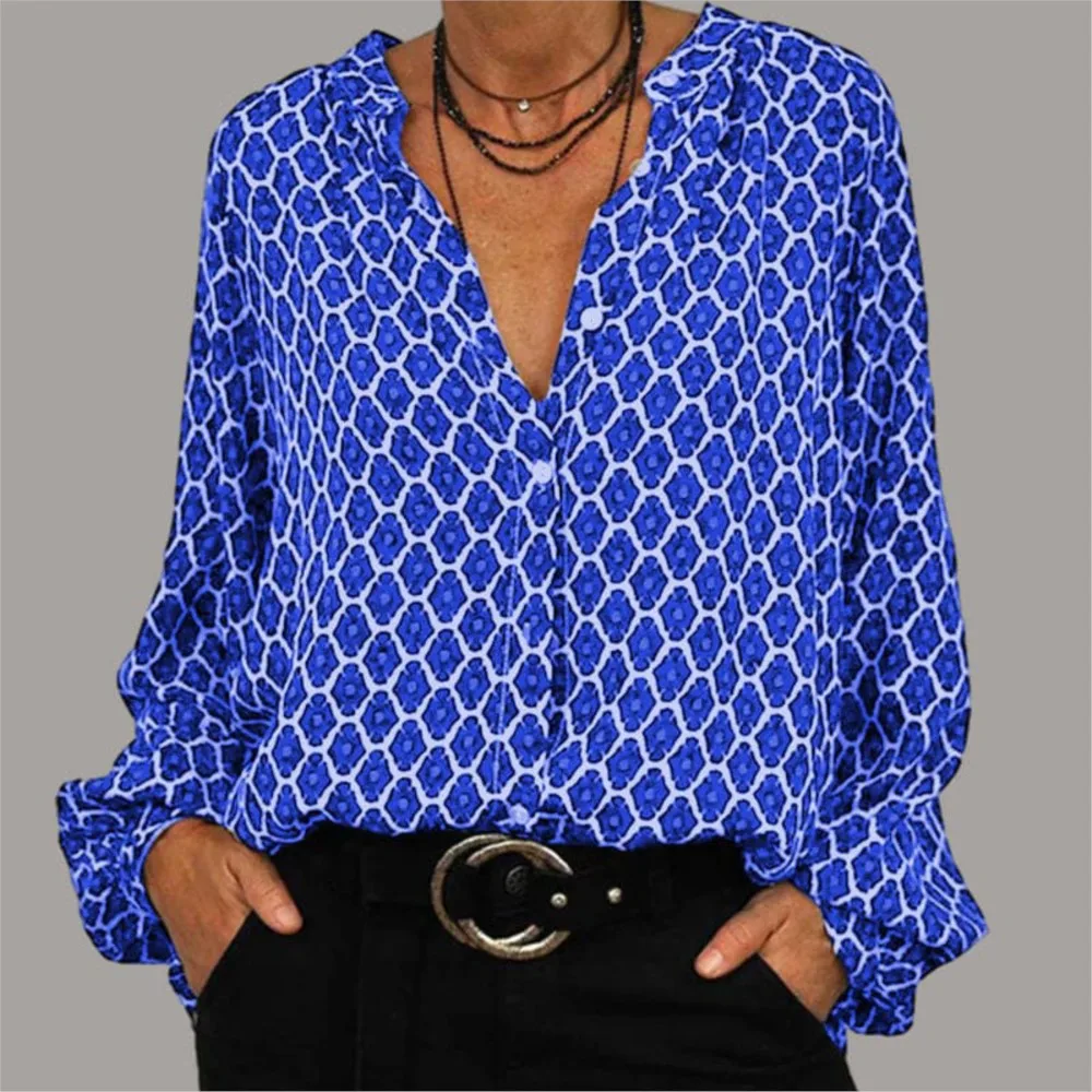 Women\'s Autumn V-neck Long Sleeved Fashionable And Elegant Geometric Printed Shirt Office Lady Loose Pullover Blouse Femme Blusa