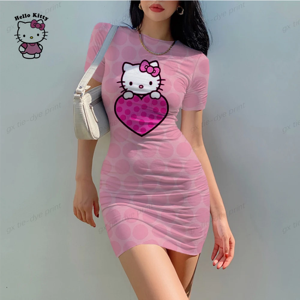 Hello Kitty 3D Print Bodycon Dress Elegant Long Sleeve Party Dresses for Ladies Sexy Tight Female Clothing Evening Plus Size 5XL