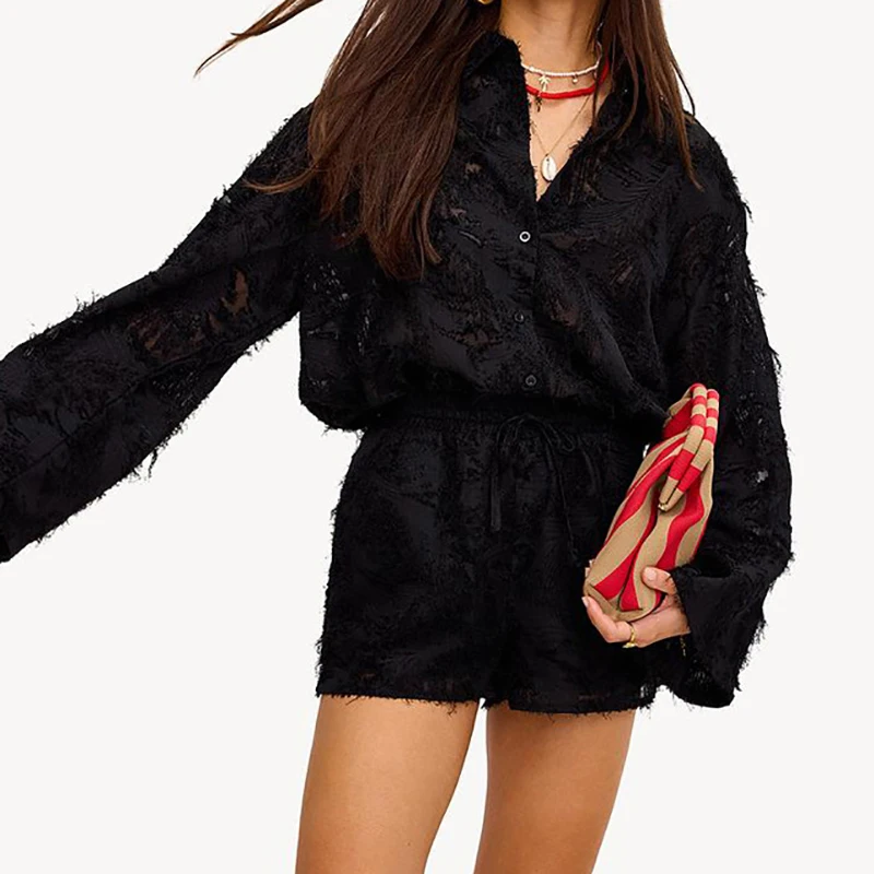 

Модная уличная однотонная женская одежда, женская повседневная рубашка на пуговицах с лацканами и шорты, комплекты из 2 предметов, весенне-летний жаккардовый свободный костюм